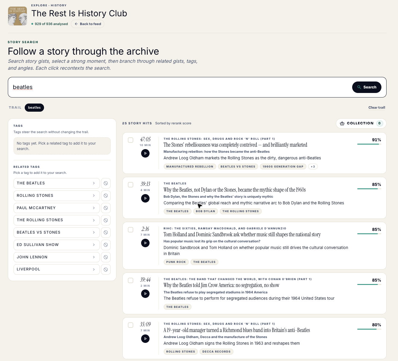 Search interface showing archive results for 'beatles' with related-angle chips