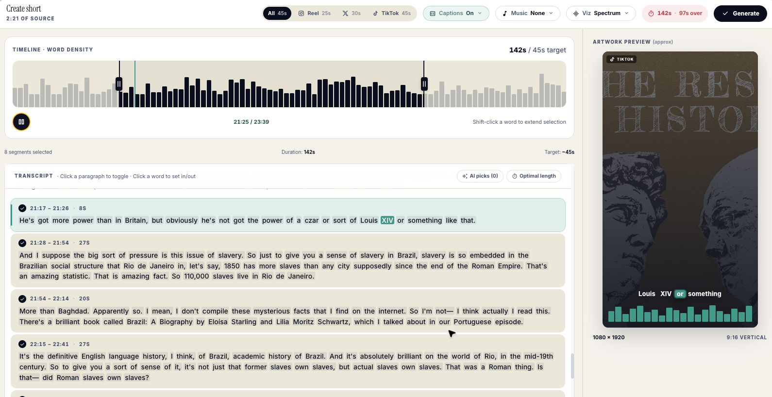 Editor with waveform, transcript paragraphs, and an artwork preview pane